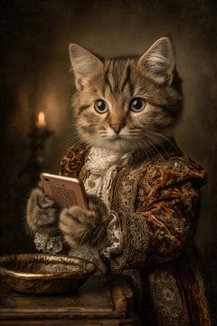 Kat met Smartphone bij Kaarslicht - Mysterieus Portret van Joriali Fine Art