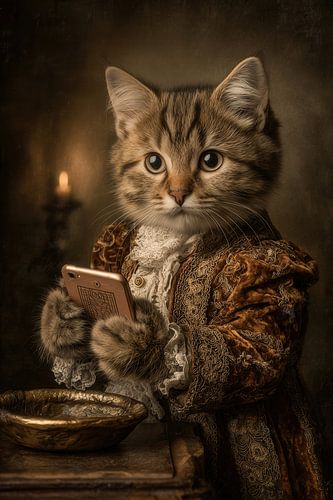 Kat met Smartphone bij Kaarslicht - Mysterieus Portret van Joriali Fine Art
