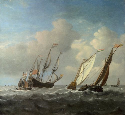 Een Nederlands schip, een jacht en kleinere schepen in een briesje, Willem van de Velde