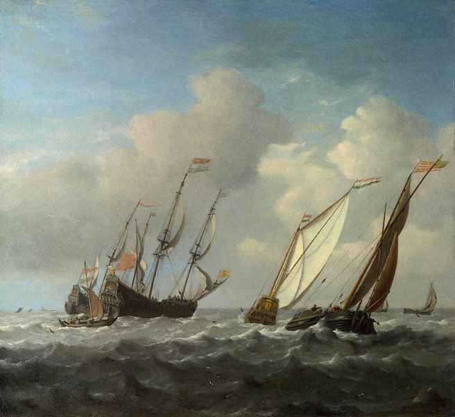 Een Nederlands schip, een jacht en kleinere schepen in een briesje, Willem van de Velde van Meesterlijcke Meesters