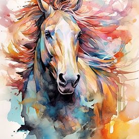 Aquarelle abstraite en couleurs d'un cheval. sur Gelissen Artworks