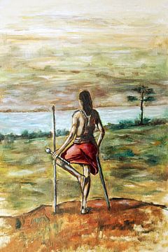 Massai-Krieger, der auf einem Hügel steht und den Horizont betrachtet von David Morales Izquierdo