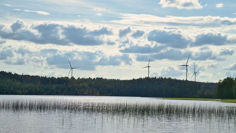 Wind turbines on the shore of a lake in Småland, Sweden. Renewable energy. by Martin Köbsch