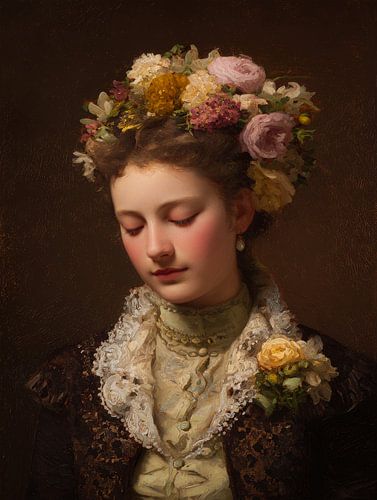 Elegante Dame aus dem neunzehnten Jahrhundert mit Blumenkranz in warmer klassischer Atmosphäre