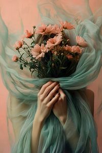 Versteckt hinter rosa Blumen