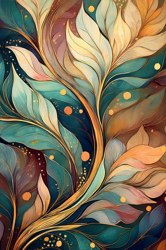 Behang met structuur en bladeren in groen en goud