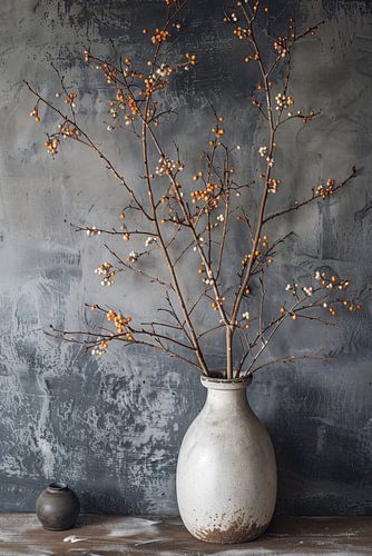 Branches d'automne dans un vase blanc sur fond gris