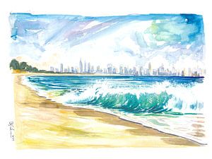 Uitzicht op het strand van New Jersey met beukende golven en de skyline van Manhattan
