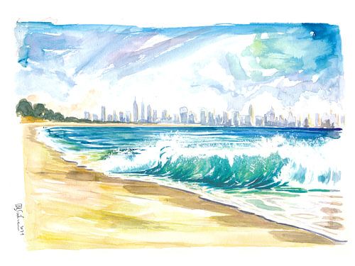 Vue de la plage du New Jersey avec des vagues déferlantes et l'horizon de Manhattan.