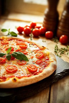 Verse tomatenpizza op een houten dienblad van Poster Art Shop