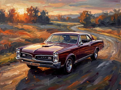 Pontiac GTO on an Autumn Sunset Road