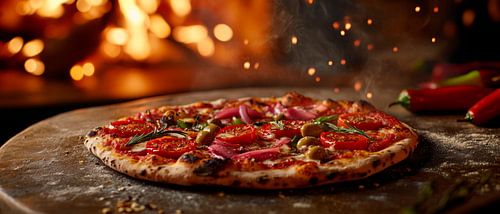 Vers gebakken pizza voor de houtoven