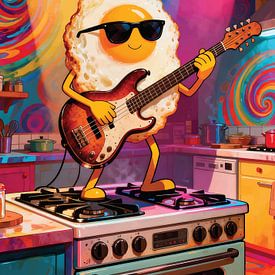 Rockstar-Spiegelei-Poster – Funky Küchen-Kunstdruck, farbenfrohe Retro-Wanddekoration, lustige Lebensmittelillustration von darrent Mark