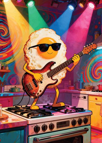 Rockstar Fried Egg Poster – Funky Kitchen Music Art Print, Colorful Retro Wall Decor, Funny Food Illustration by darrent Mark