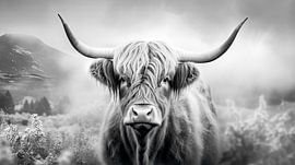 Portrait d'un Highlander écossais en noir et blanc sur Vlindertuin-Art