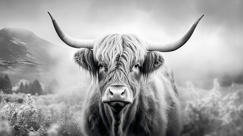 Portrait Scottish Highlander in black and white by Vlindertuin-Art