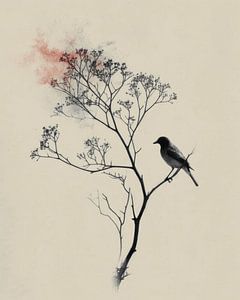 Vogel op tak in Japandi en wabi-sabi stijl van Studio Allee