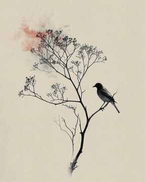 Vogel auf einem Zweig im Japandi und Wabi-Sabi Stil von Studio Allee