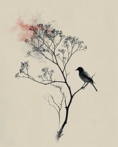 Vogel auf einem Zweig im Japandi und Wabi-Sabi Stil