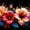Explosion florale dans la chambre noire - roses et hibiscus dans un champ de tensions entre mouvement éruptif, couleur fluide et sensualité lumineuse sur AidasignArt