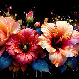Florale Explosion im Dunkelraum – Rosen und Hibiskus im Spannungsfeld von eruptiver Bewegung, fließender Farbe und leuchtender Sinnlichkeit von AidasignArt