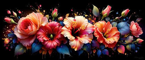 Bloomexplosie in de donkere kamer - rozen en hibiscus in het spanningsveld tussen eruptieve beweging, vloeiende kleur en heldere sensualiteit van AidasignArt