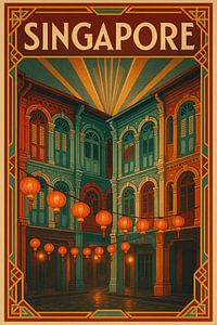 Singapur Straßenszene Poster - Vintage Chinatown Ecke & Laternen