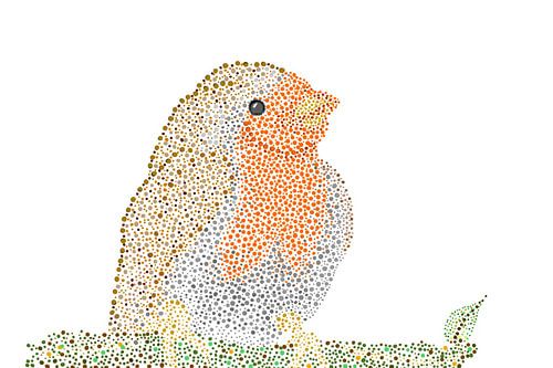 Pointillisme kunstwerk ROODBORST. In de kleuren groen, bruin, oranje en blauw