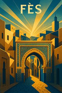 Fès Art Deco Poster - Goldenes Tor der Medina bei Sonnenaufgang