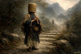 Reizende Komusō-monnik met shakuhachi – Japanse kunstcollectie