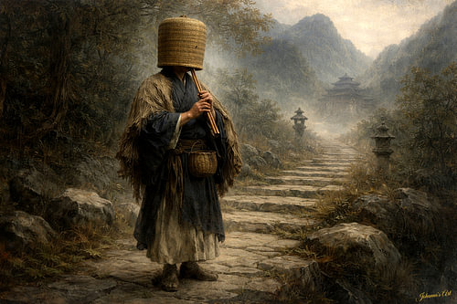 Traveling Komusō Monk with Shakuhachi – Japanese Art Collection