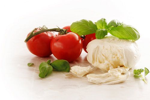 Caprese italienne, mozzarella, tomates et basilic sur une plaque de marbre clair, espace de copie, f sur Maren Winter