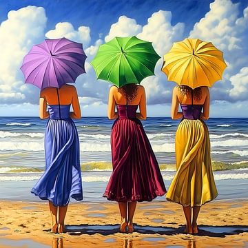 Women with umbrellas on the beach in purple, green, yellow by Jan Bechtum
