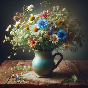 Nature morte ; bouquet de fleurs des champs dans le style des vieux maîtres
