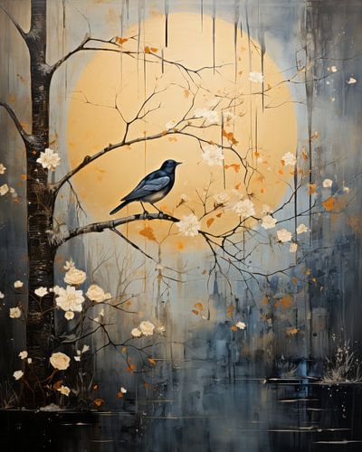 Paysage atmosphérique avec oiseau et fleur