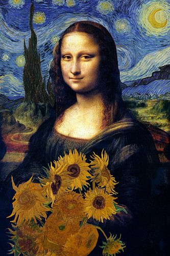Mona Lisa mit Sonnenblumen in einer sternenklaren Nacht von Bianca ter Riet