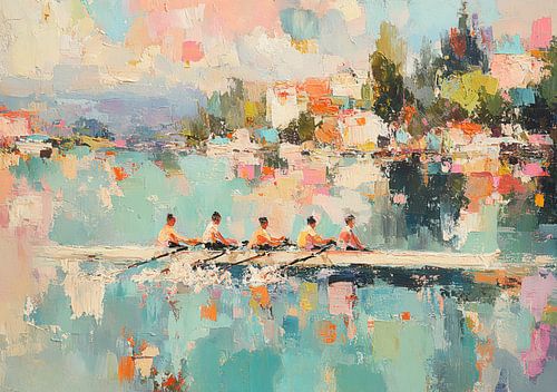 Vier roeiers op kalm water