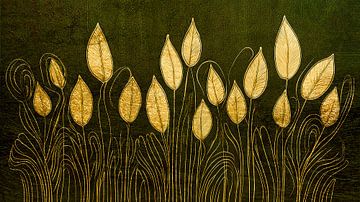 Abstract schilderij met gouden grassen op olijfgroen