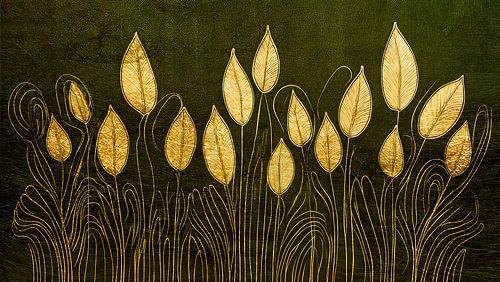 Abstract schilderij met gouden grassen op olijfgroen