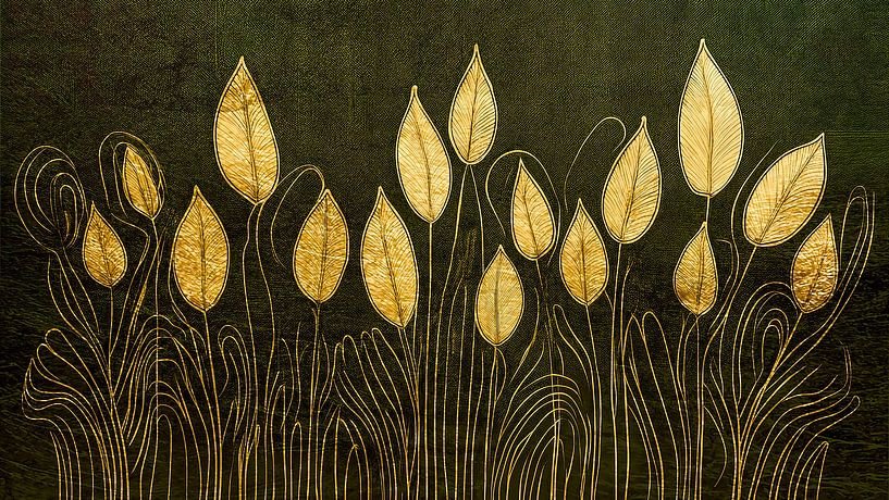 Abstraktes Gemälde mit goldenen Gräsern auf Olivgrün von Studio Pieternel