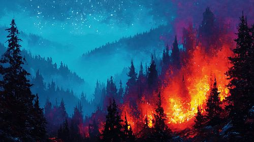 Bosbrand in een naaldbos bij nacht