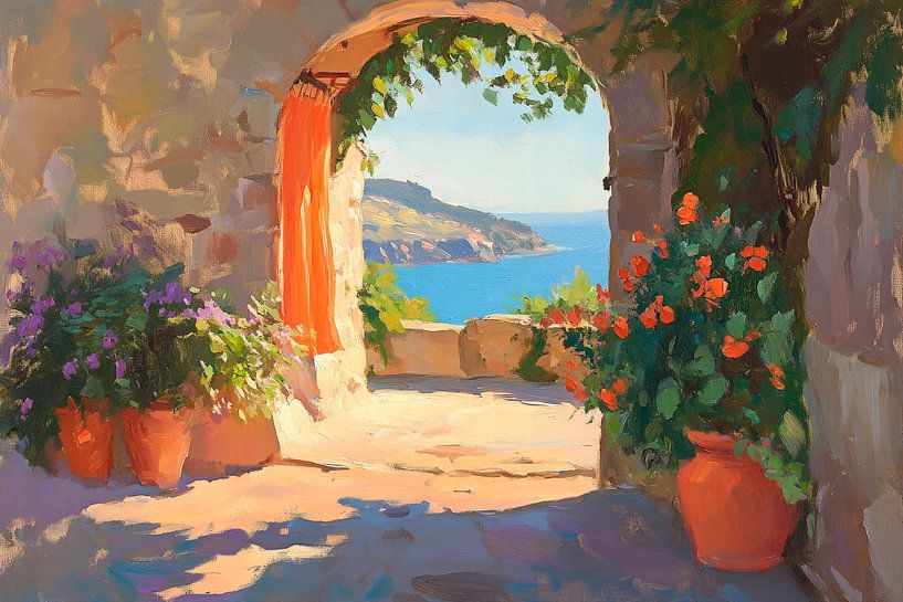 Blühender Ausblick auf das Meer von Poster Art Shop