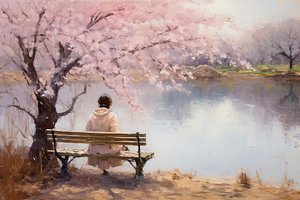 Gemälde einer Frau, die auf einer Parkbank mit Teich sitzt, im Stil impressionistischer Leichtigkeit, hellrosa, Kirschblüten im Frühling