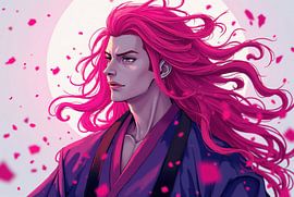 Rosa behaarte Anime-Figur in traditioneller Kleidung mit fallenden Blütenblättern von Markus Gann