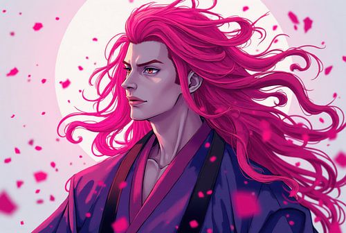 Pink haired anime character wearing traditional clothes with petals falling