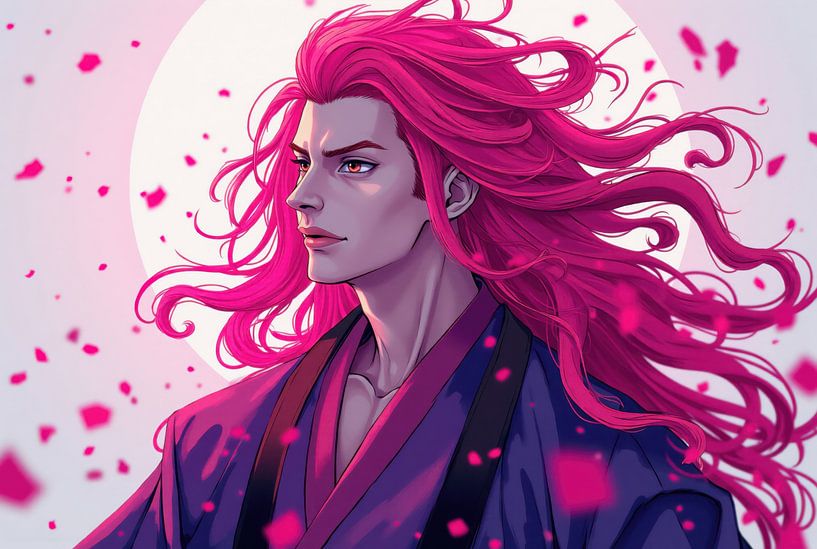 Anime-karakter met roze haar dat traditionele kleren draagt met bloemblaadjes die vallen van Markus Gann