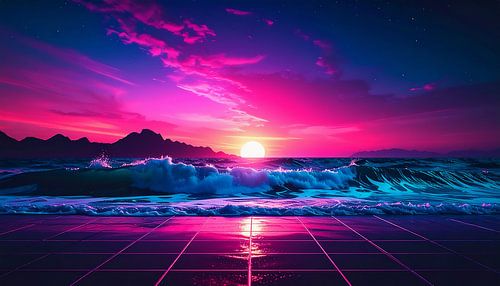 Neon Strand mit Sonnenuntergang von Mustafa Kurnaz