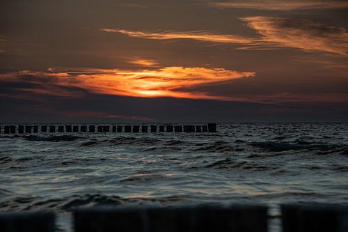 Houten kribben met de ondergaande zon in de Oostzee bij Zingst