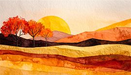 Abstrakte Herbstlandschaft mit Bäumen in warmen Farbtönen