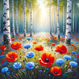 Forest with birches, grove with wildflowers by AidasignArt